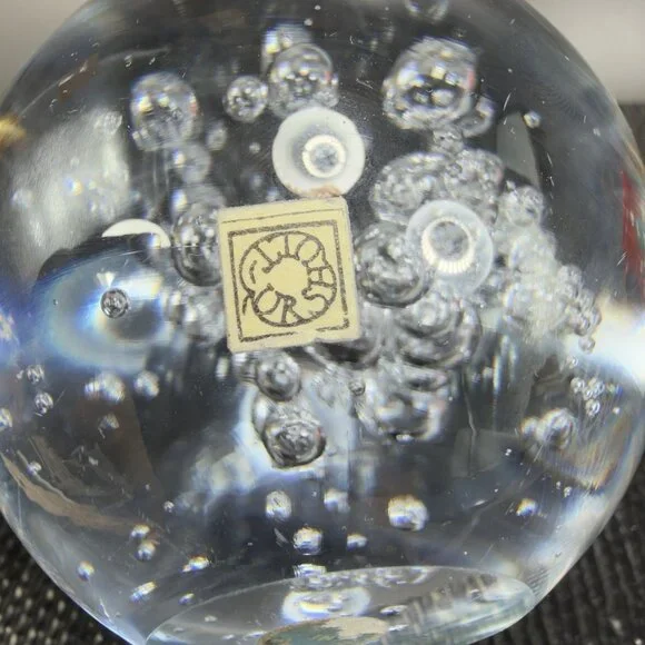 1970s Swedish Ursholt Clear Round Orb Paperweight Witch Ball Bubbles W Labels